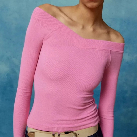 BDG NWOT Urban Outfitters pink v-boat neck long sleeve sz M **SEE FLAW IN PHOTOS - Picture 3 of 10